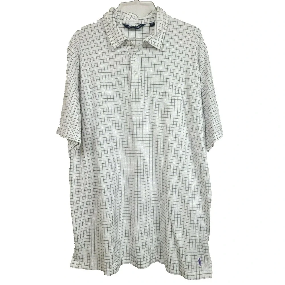 Polo Golf Ralph Lauren Mens Polo Shirt XL White Purple Plaid Short Sleeve Preppy